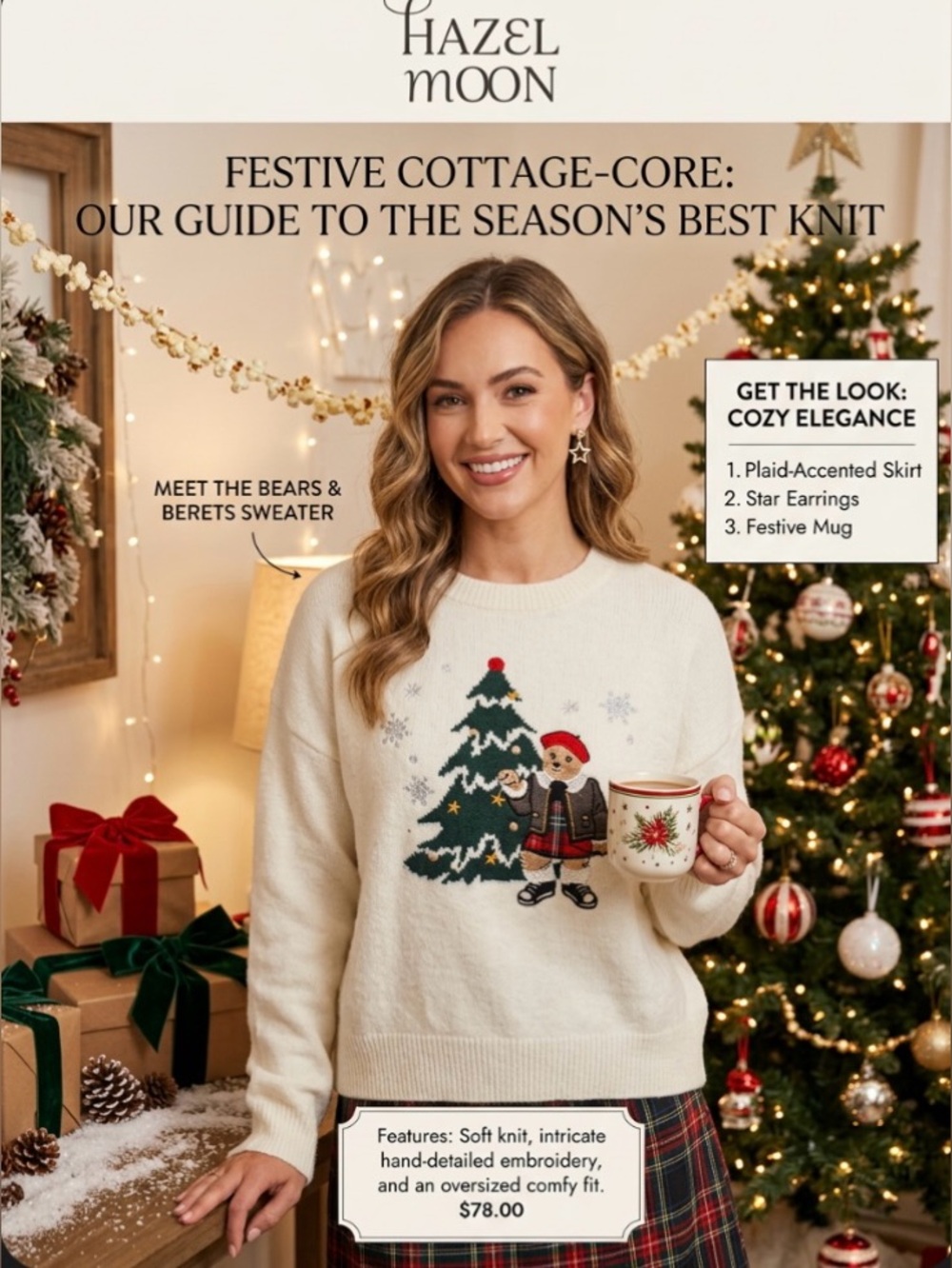 NWT ~ Hazel Moon Cream Holiday Sweater W/Festive Tree & Bear Embroidery ~ Large